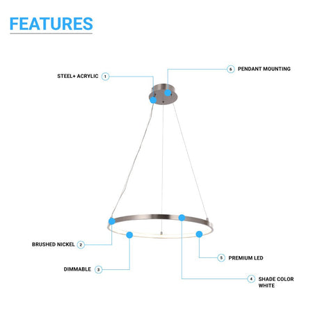 30W Round LED Pendant Light, Brushed Nickel Finish, Dimmable, 3000K (Warm White), 2900 Lumens, ETL Listed - BUILDMYPLACE