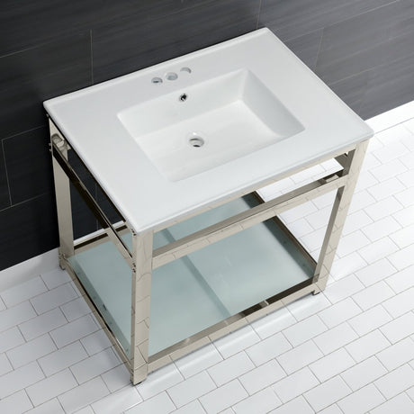 31" x 22" Ceramic Console, Includes steel bathroom console and glass shelf (4 - Inch, 3 - Hole) - BUILDMYPLACE