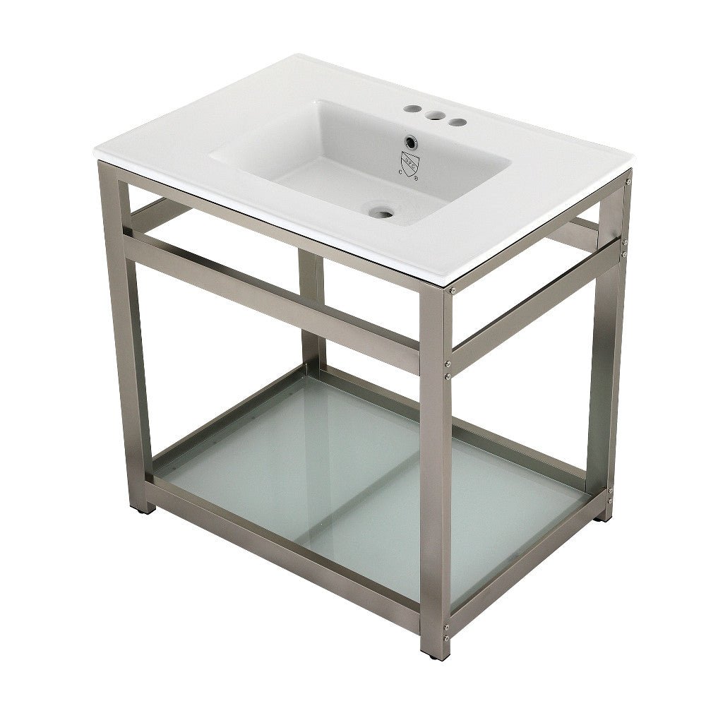 31" x 22" Ceramic Console, Includes steel bathroom console and glass shelf (4 - Inch, 3 - Hole) - BUILDMYPLACE