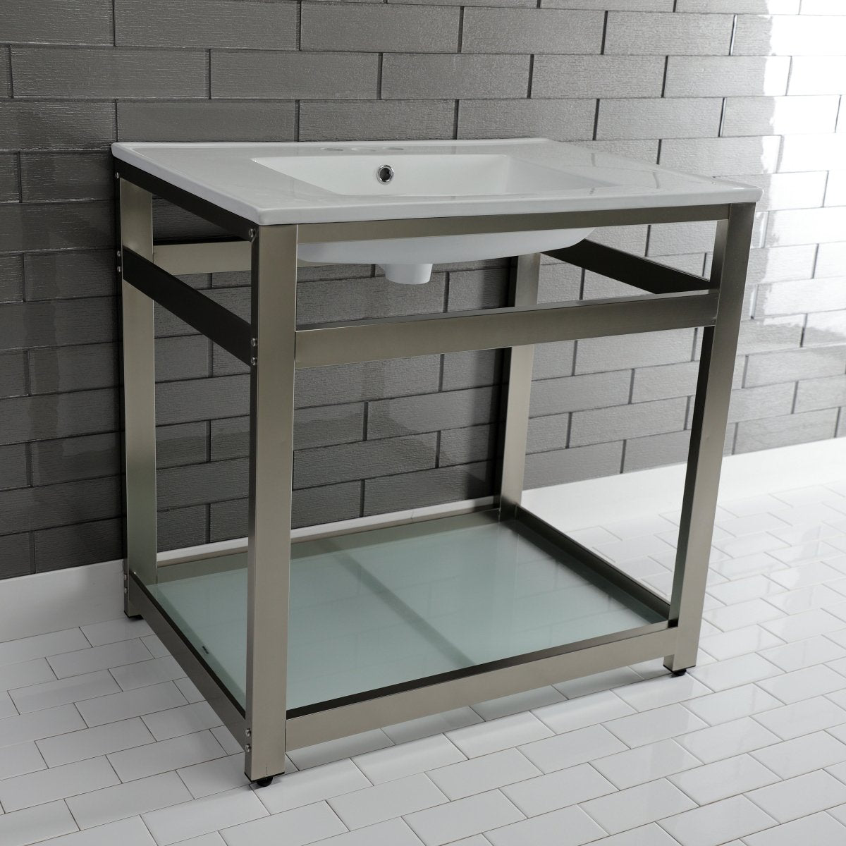 31" x 22" Ceramic Console, Includes steel bathroom console and glass shelf (4 - Inch, 3 - Hole) - BUILDMYPLACE