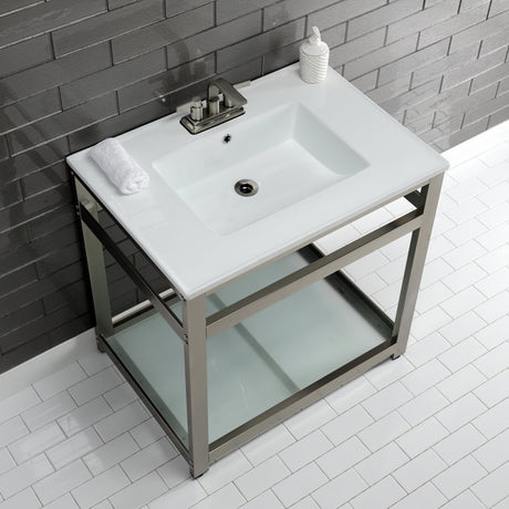 31" x 22" Ceramic Console, Includes steel bathroom console and glass shelf (4 - Inch, 3 - Hole) - BUILDMYPLACE