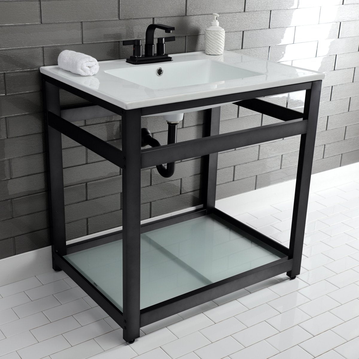 31" x 22" Ceramic Console, Includes steel bathroom console and glass shelf (4 - Inch, 3 - Hole) - BUILDMYPLACE