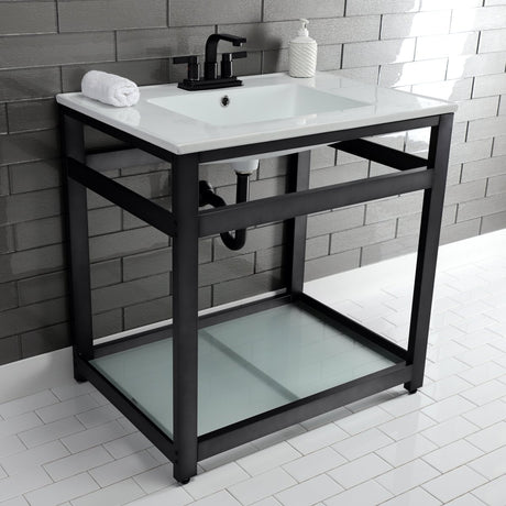 31" x 22" Ceramic Console, Includes steel bathroom console and glass shelf (4 - Inch, 3 - Hole) - BUILDMYPLACE