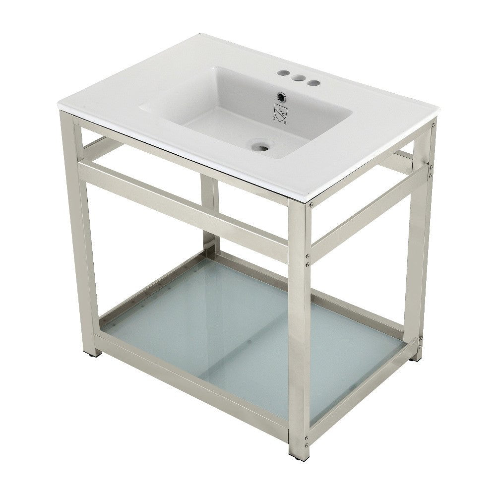 31" x 22" Ceramic Console, Includes steel bathroom console and glass shelf (4 - Inch, 3 - Hole) - BUILDMYPLACE