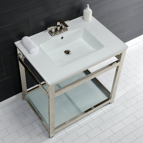 31" x 22" Ceramic Console, Includes steel bathroom console and glass shelf (4 - Inch, 3 - Hole) - BUILDMYPLACE