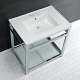 31" x 22" Ceramic Console, Includes steel bathroom console and glass shelf (4 - Inch, 3 - Hole) - BUILDMYPLACE