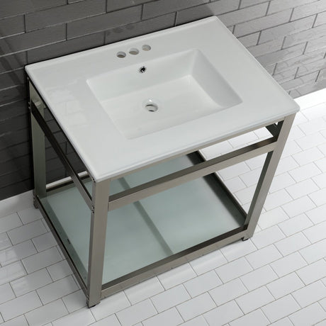 31" x 22" Ceramic Console, Includes steel bathroom console and glass shelf (4 - Inch, 3 - Hole) - BUILDMYPLACE