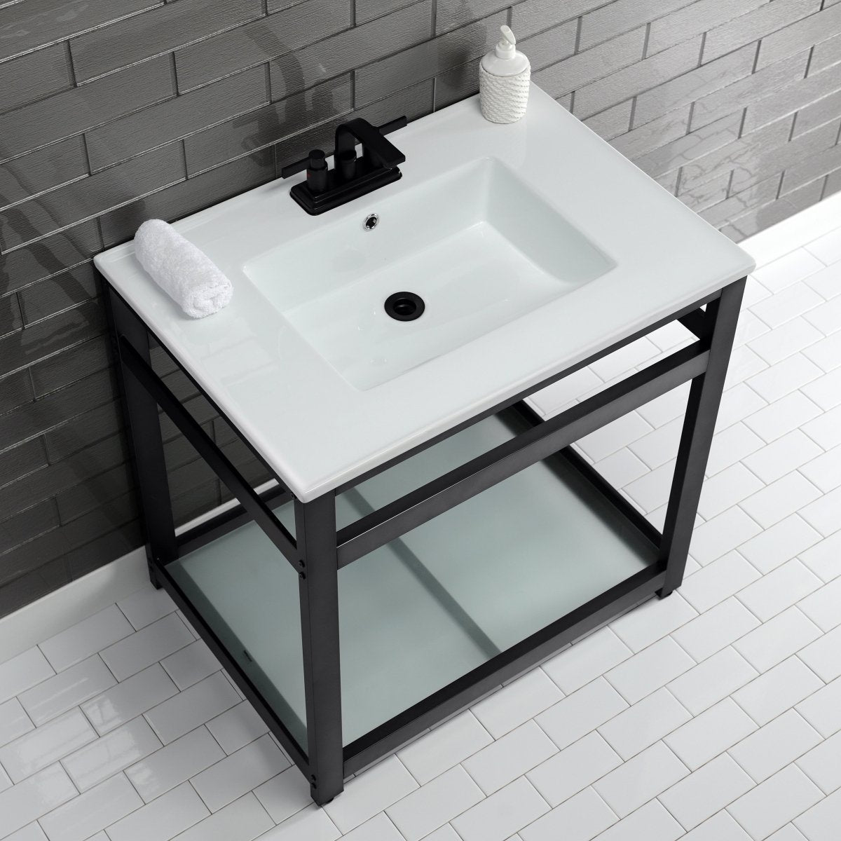 31" x 22" Ceramic Console, Includes steel bathroom console and glass shelf (4 - Inch, 3 - Hole) - BUILDMYPLACE