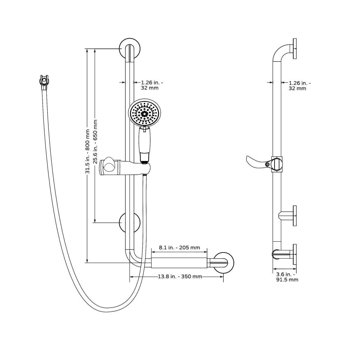 31.5X13.7X3.6 Left - Hand Grip Shower System - Stainless Steel - ADA Compliant - Multi - function Hand Shower - BUILDMYPLACE