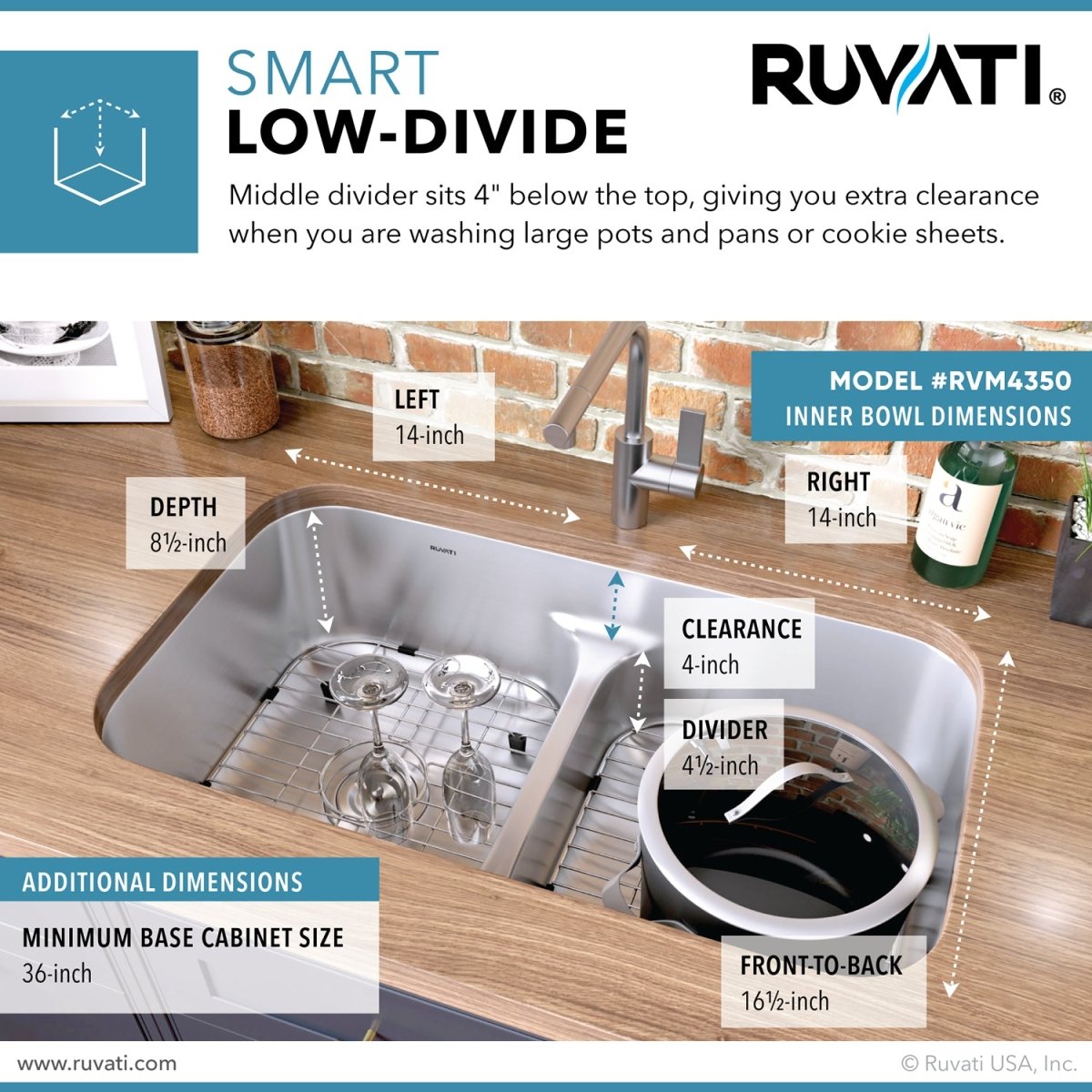 32 - inch Low - Divide 50/50 Double Bowl Undermount 16 Gauge Stainless Steel Kitchen Sink - BUILDMYPLACE