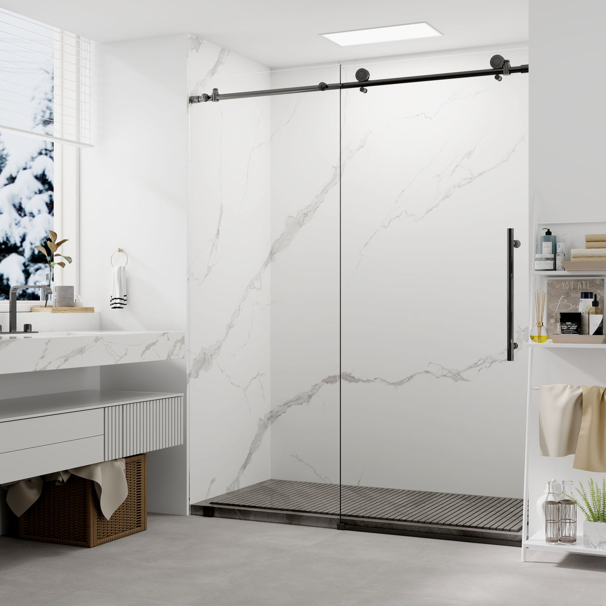 Ivanees 60"W x 32"D x 84"H - Carrara White Matte Shower Wall System (5-Piece)