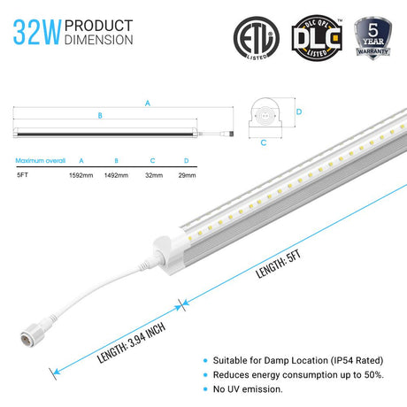 32W T8 LED Freezer/Cooler Door Lights - 5ft V Shape - 5000K Clear Cover - BUILDMYPLACE