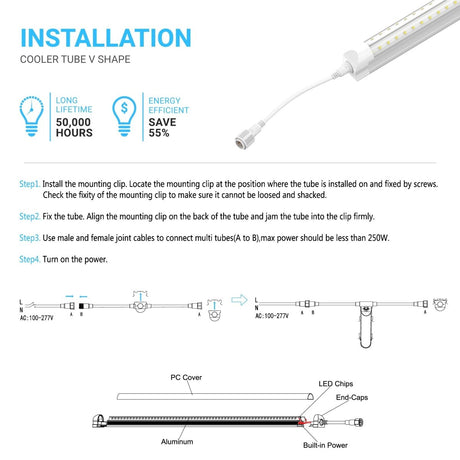 32W T8 LED Freezer/Cooler Door Lights - 5ft V Shape - 5000K Clear Cover - BUILDMYPLACE