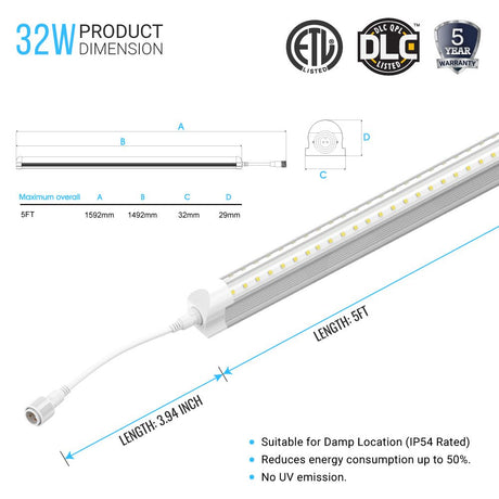 32W T8 LED Freezer/Cooler Door Lights - 5ft V Shape - 5000K Clear Cover - BUILDMYPLACE