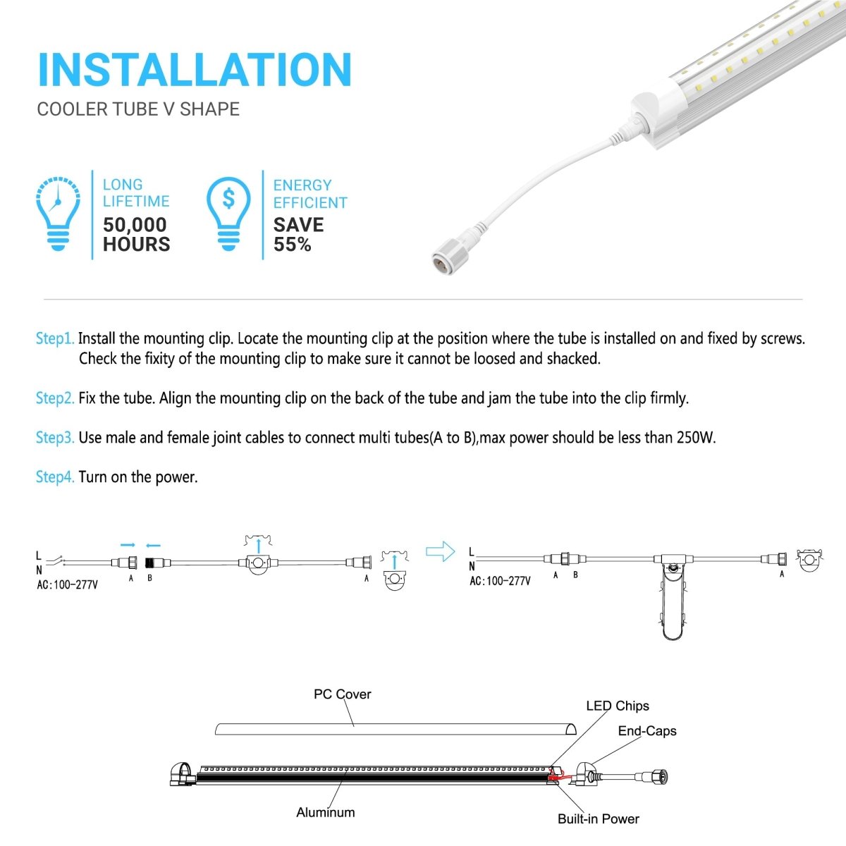 32W T8 LED Freezer/Cooler Door Lights - 5ft V Shape - 5000K Clear Cover - BUILDMYPLACE