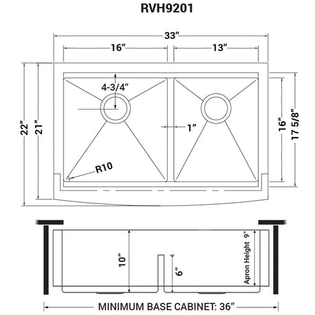 33" Apron - front Workstation Low - Divide Double Bowl 60/40 Farmhouse Kitchen Sink 16 Gauge - BUILDMYPLACE