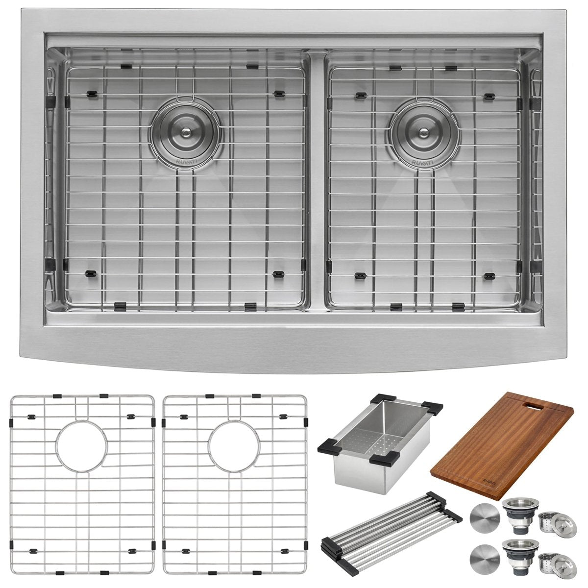 33" Apron - front Workstation Low - Divide Double Bowl 60/40 Farmhouse Kitchen Sink 16 Gauge - BUILDMYPLACE