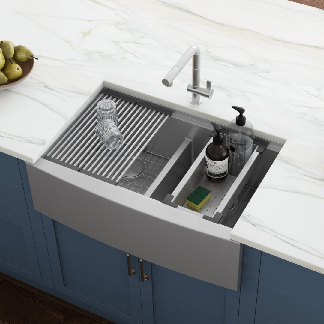 33" Apron - front Workstation Low - Divide Double Bowl 60/40 Farmhouse Kitchen Sink 16 Gauge - BUILDMYPLACE