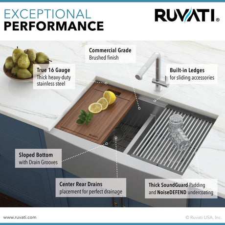 33" Apron - front Workstation Low - Divide Double Bowl 60/40 Farmhouse Kitchen Sink 16 Gauge - BUILDMYPLACE