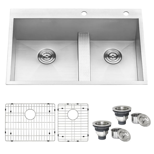 33 - inch Drop - in Low Platform - Divide Zero Radius 60/40 Double Bowl 16 Gauge Topmount Kit - BUILDMYPLACE