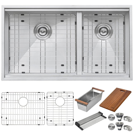 33 - inch Workstation Ledge 60/40 Double Bowl Undermount 16 Gauge Stainless Steel Kitchen - BUILDMYPLACE