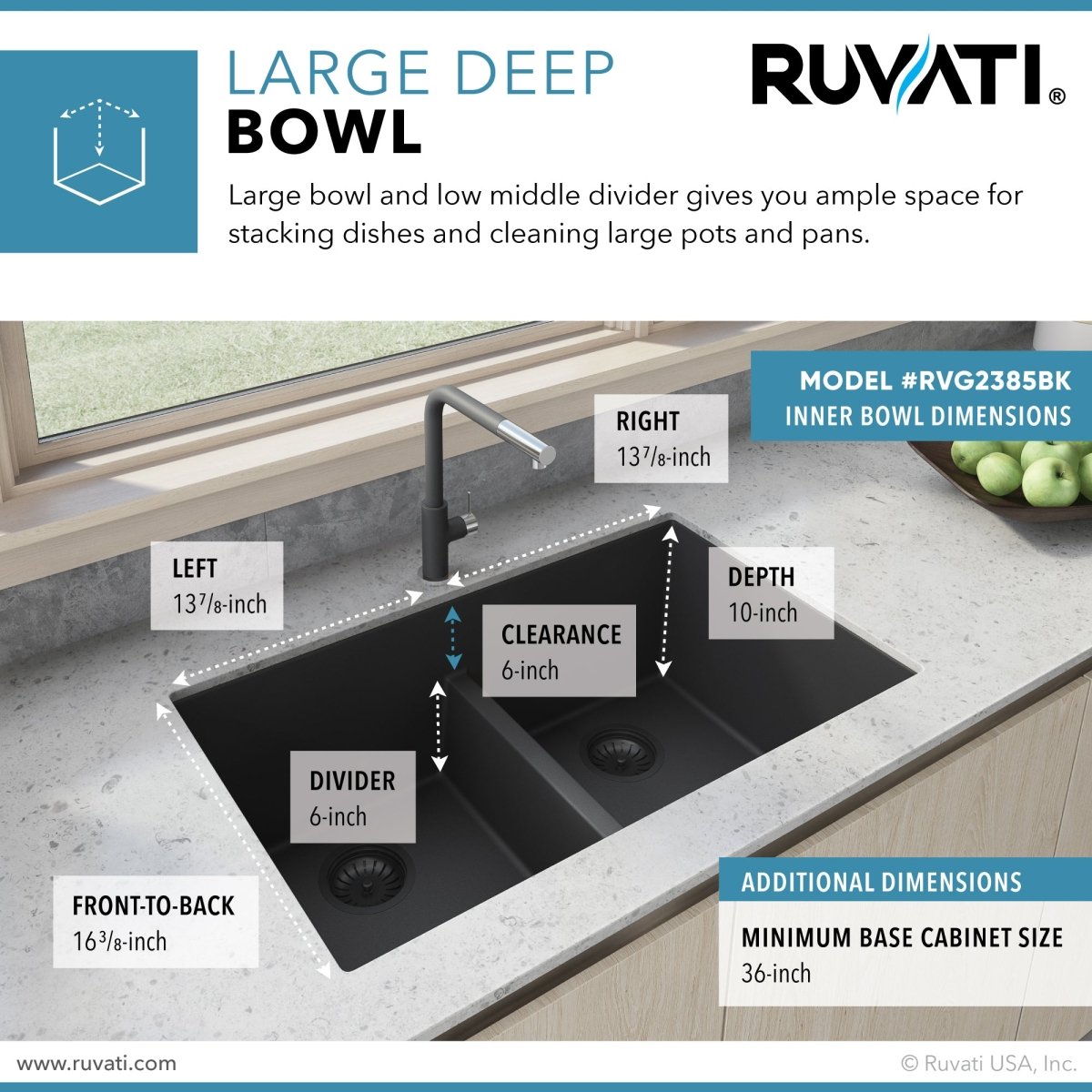 33 x 19 inch Granite Composite Undermount Low Divide Double Bowl - BUILDMYPLACE