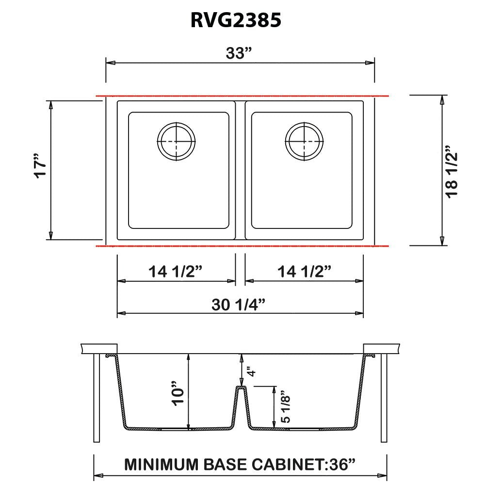 33 x 19 inch Granite Composite Undermount Low Divide Double Bowl - BUILDMYPLACE