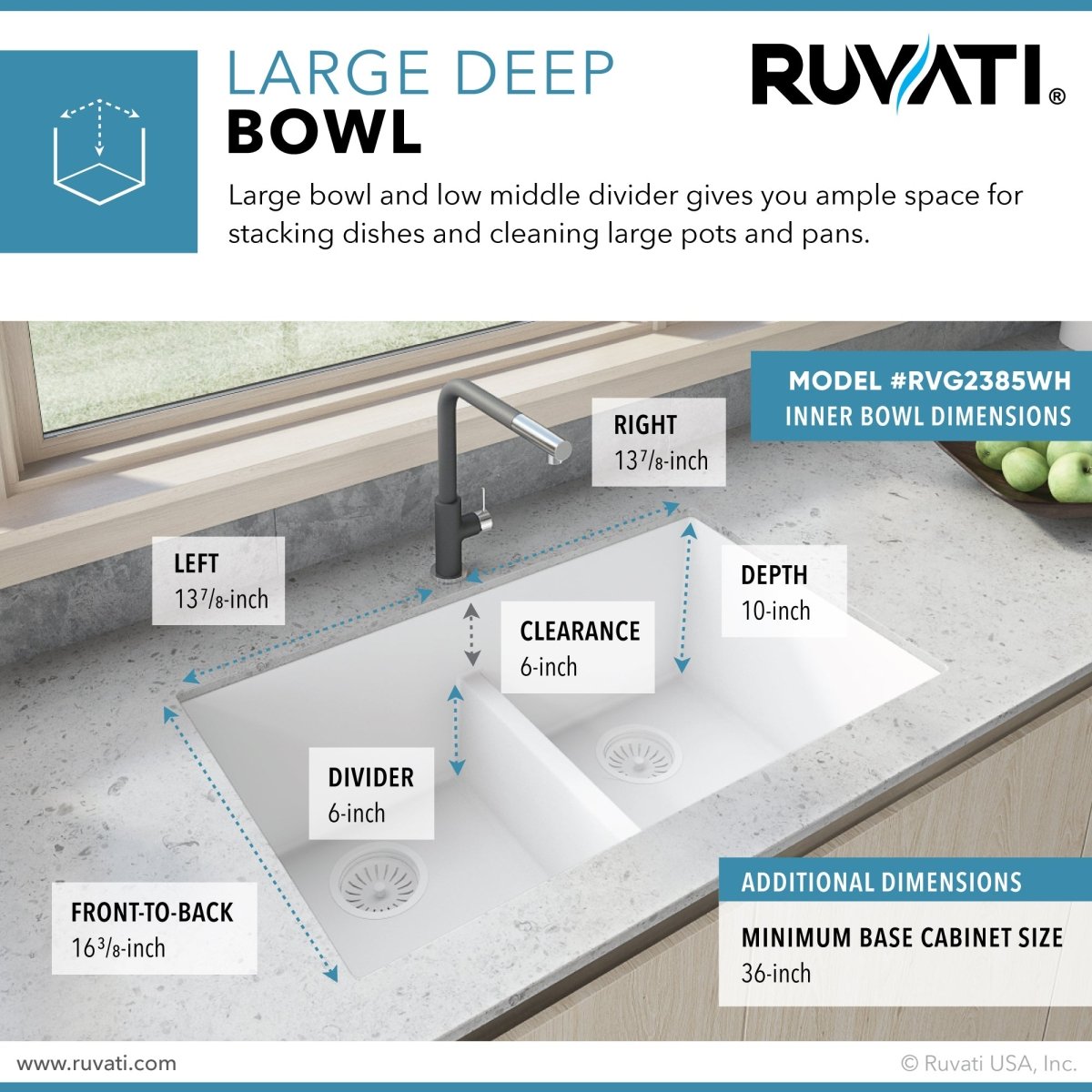 33 x 19 inch Granite Composite Undermount Low Divide Double Bowl - BUILDMYPLACE