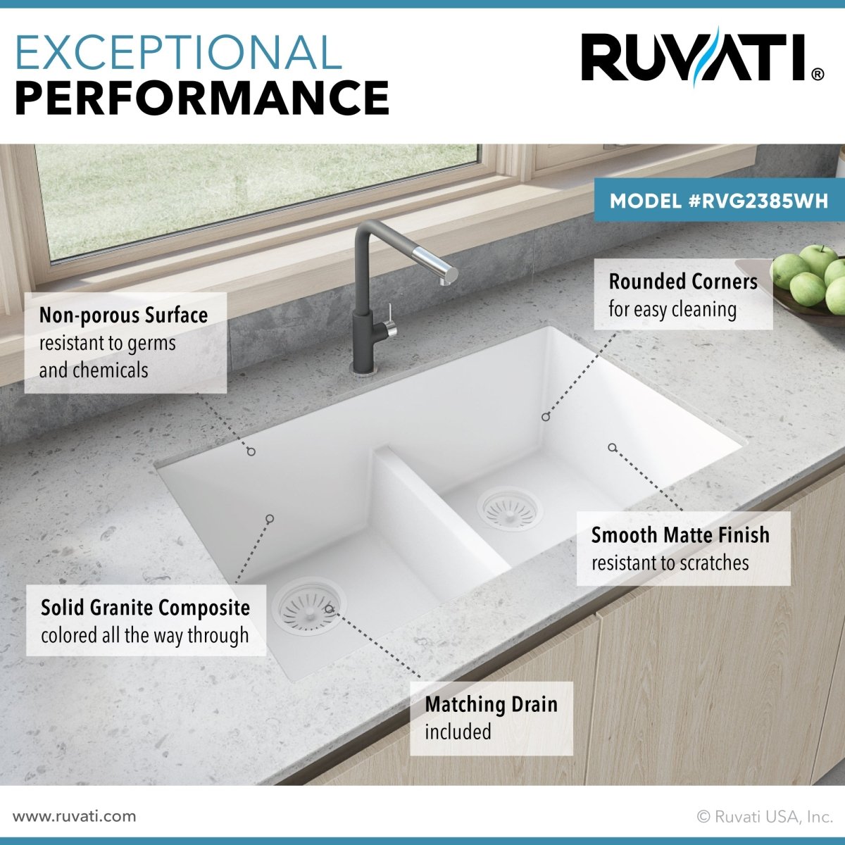 33 x 19 inch Granite Composite Undermount Low Divide Double Bowl - BUILDMYPLACE