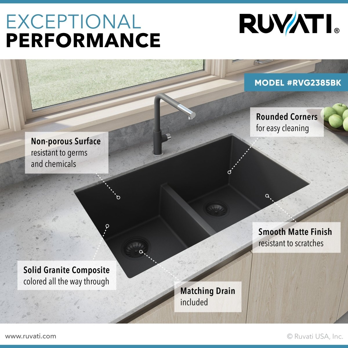 33 x 19 inch Granite Composite Undermount Low Divide Double Bowl - BUILDMYPLACE