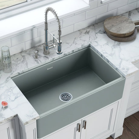 33 x 20 inch Fireclay Reversible Farmhouse Apron - Front Kitchen Sink Single Bowl - BUILDMYPLACE