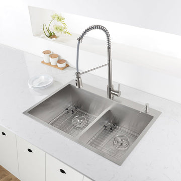 33 x 22 inch Drop-in 50/50 Double Bowl Tight Radius 16 Gauge Topmount Stainless Steel Kitchen Sink