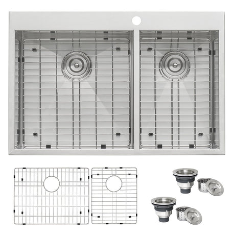 33 x 22 inch Drop - in 60/40 Double Bowl 16 Gauge Zero Radius Topmount Stainless Steel Kitchen Sink - BUILDMYPLACE