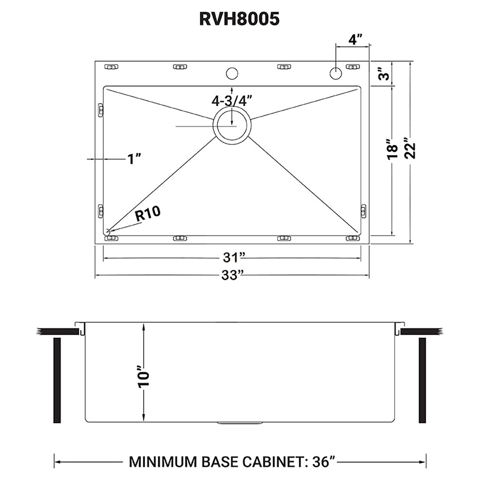 33 x 22 inch Drop - in Tight Radius 16 Gauge Stainless Steel Topmount Kitchen Sink Single Bowl - BUILDMYPLACE