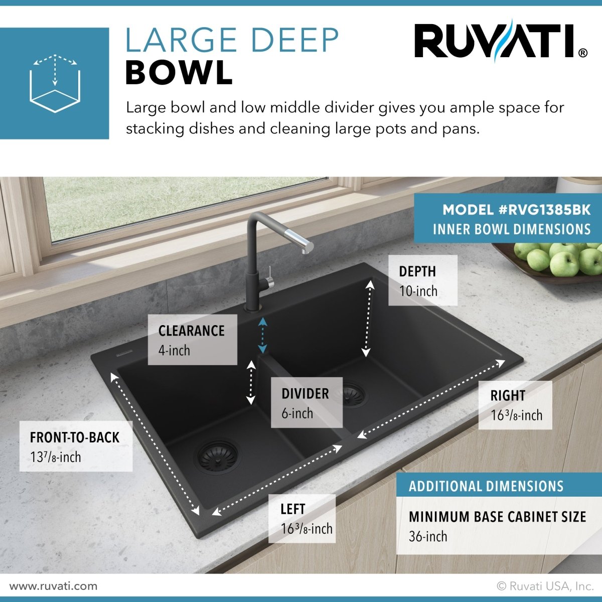 33 x 22 inch Drop - in TopMount Granite Composite Double Bowl Low Divide Kitchen Sink - BUILDMYPLACE