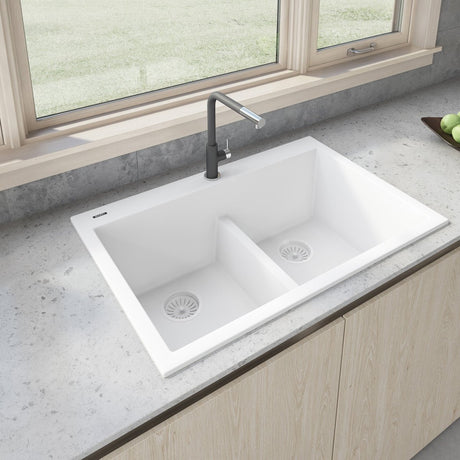 33 x 22 inch Drop - in TopMount Granite Composite Double Bowl Low Divide Kitchen Sink - BUILDMYPLACE