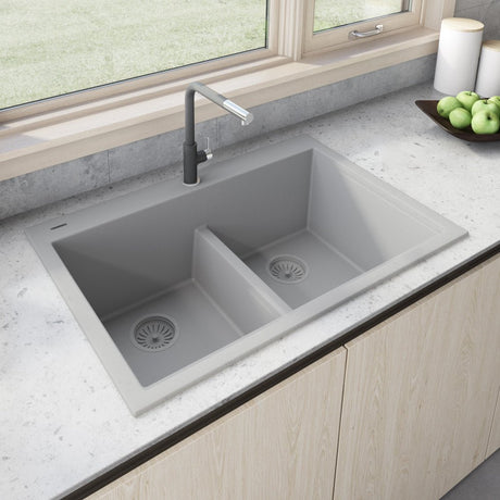 33 x 22 inch Drop - in TopMount Granite Composite Double Bowl Low Divide Kitchen Sink - BUILDMYPLACE