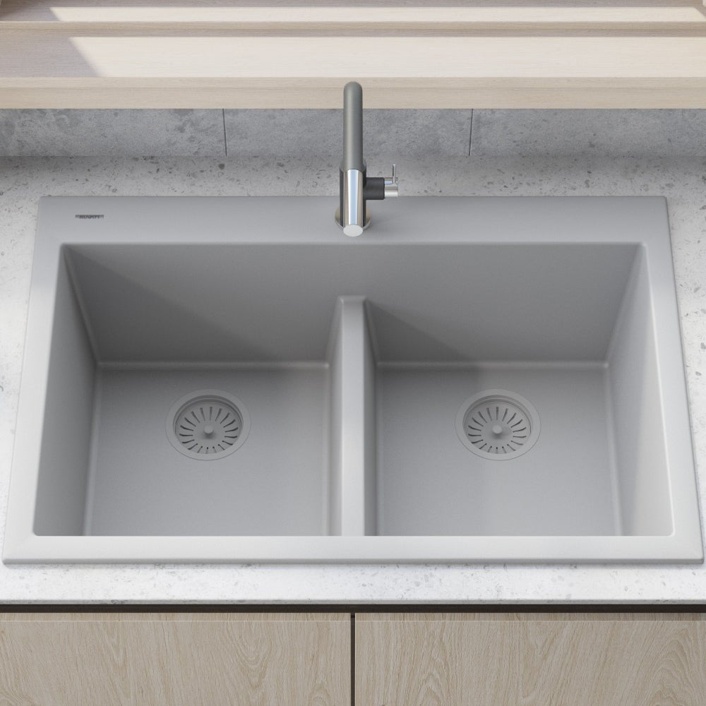 33 x 22 inch Drop - in TopMount Granite Composite Double Bowl Low Divide Kitchen Sink - BUILDMYPLACE