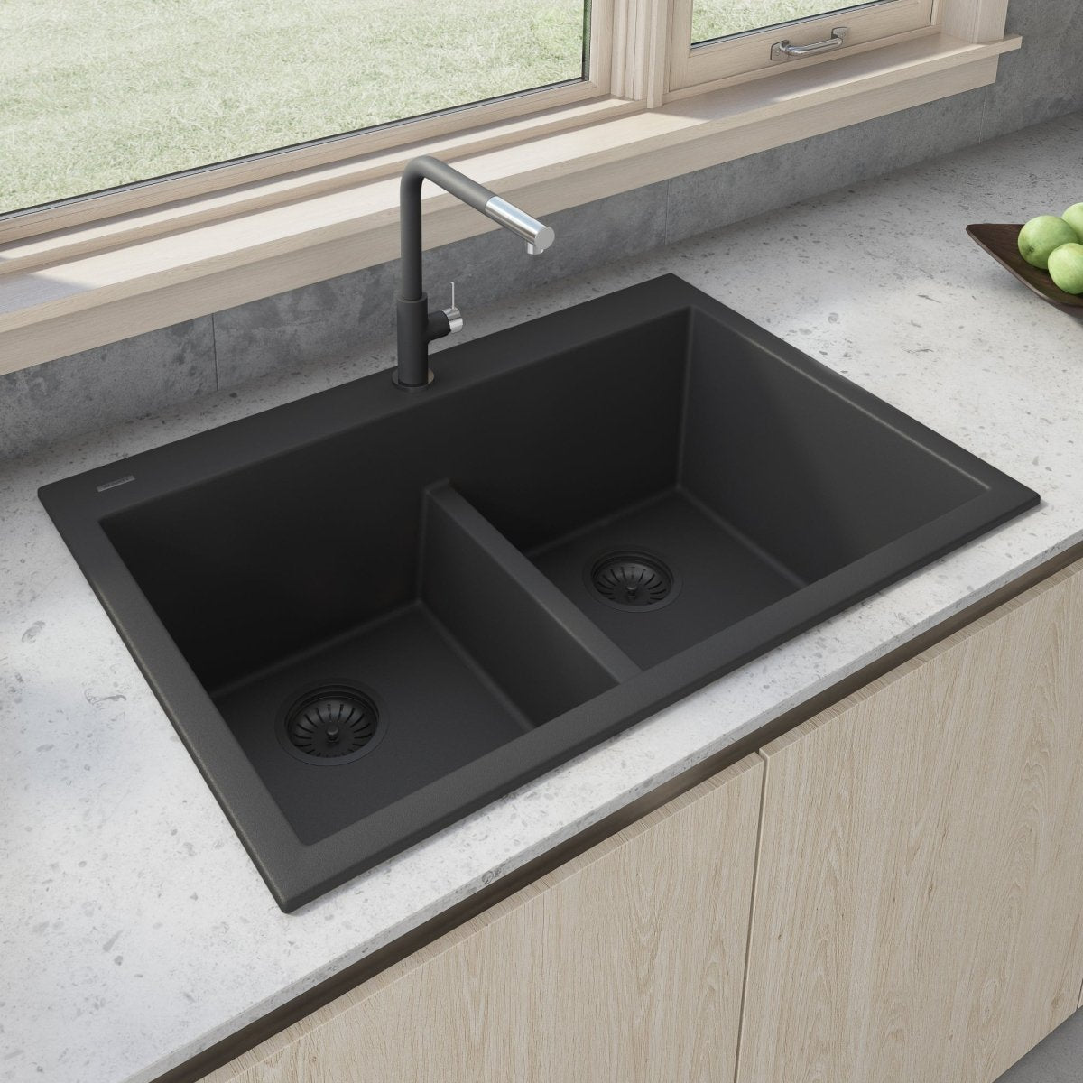 33 x 22 inch Drop - in TopMount Granite Composite Double Bowl Low Divide Kitchen Sink - BUILDMYPLACE