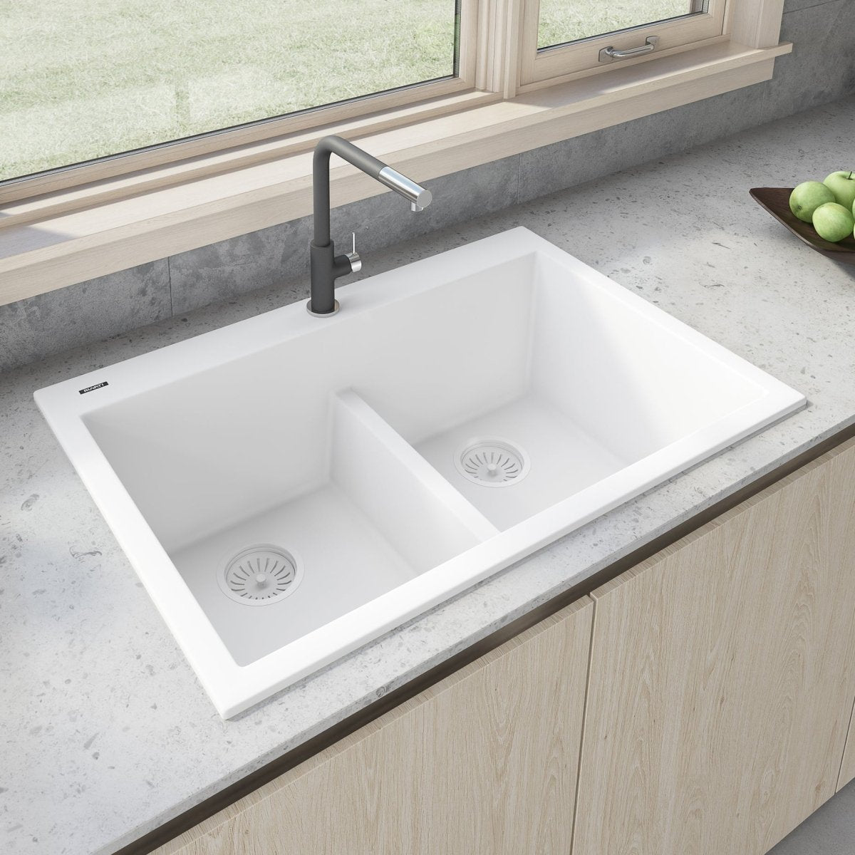 33 x 22 inch Drop - in TopMount Granite Composite Double Bowl Low Divide Kitchen Sink - BUILDMYPLACE