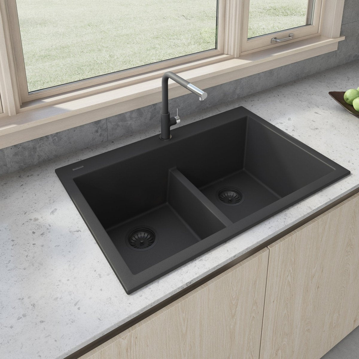 33 x 22 inch Drop - in TopMount Granite Composite Double Bowl Low Divide Kitchen Sink - BUILDMYPLACE