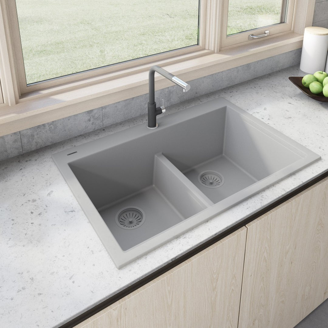 33 x 22 inch Drop - in TopMount Granite Composite Double Bowl Low Divide Kitchen Sink - BUILDMYPLACE