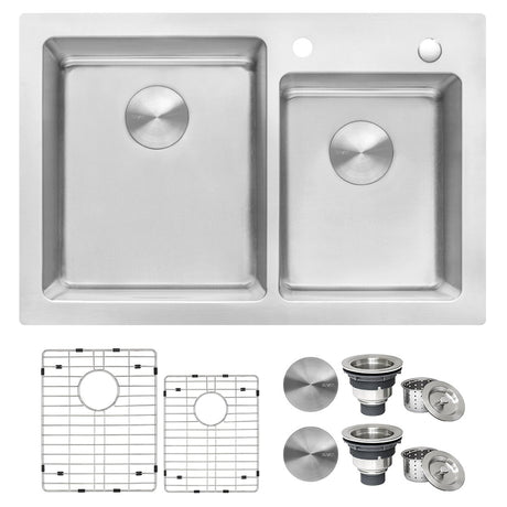 33 x 22 inch Drop - in Topmount Kitchen Sink 16 Gauge Stainless Steel Double Bowl - BUILDMYPLACE