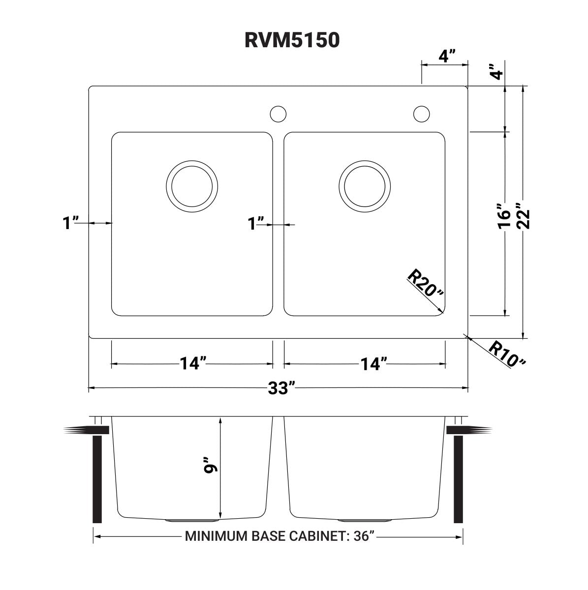 33 x 22 inch Drop - in Topmount Kitchen Sink 16 Gauge Stainless Steel Double Bowl - BUILDMYPLACE