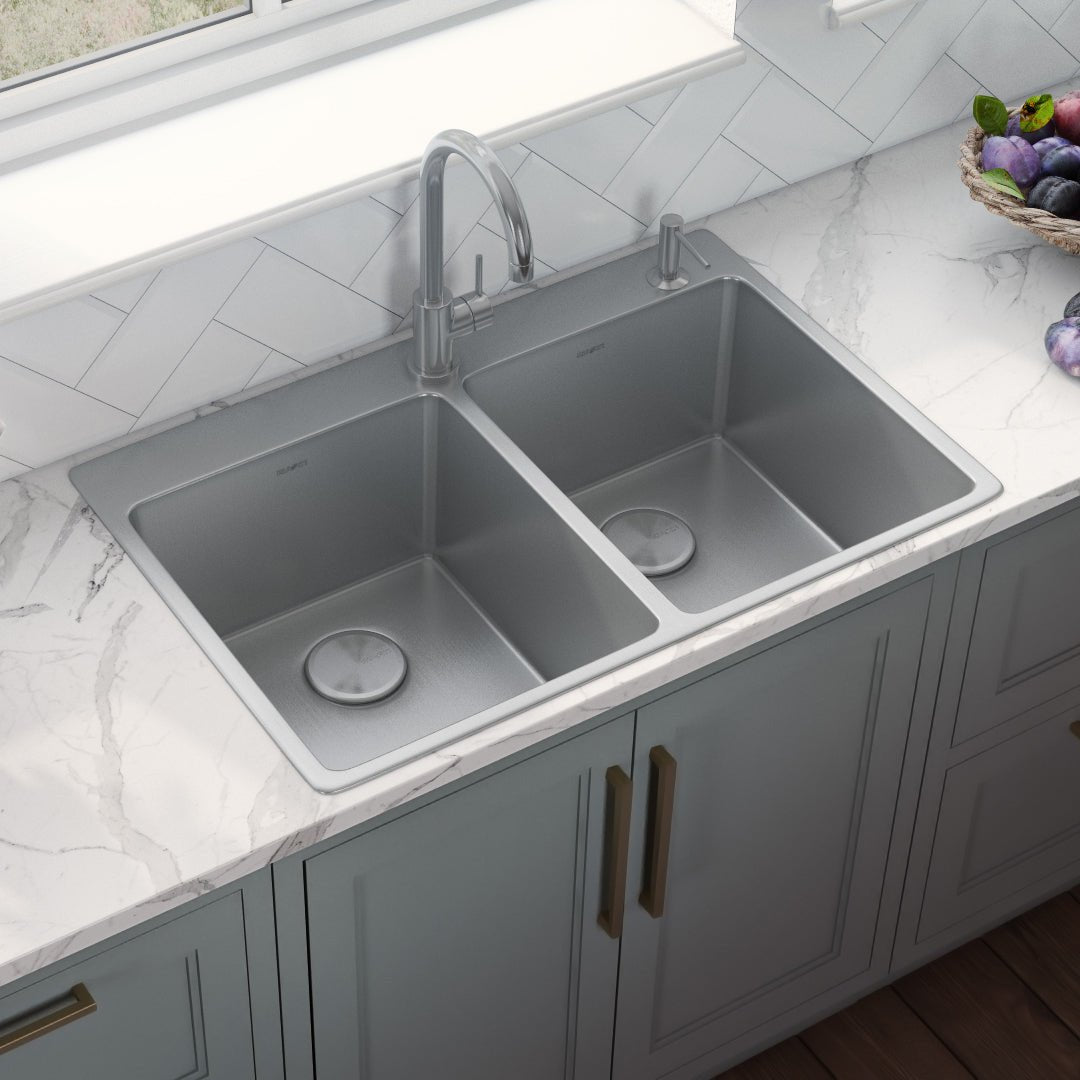 33 x 22 inch Drop - in Topmount Kitchen Sink 16 Gauge Stainless Steel Double Bowl - BUILDMYPLACE