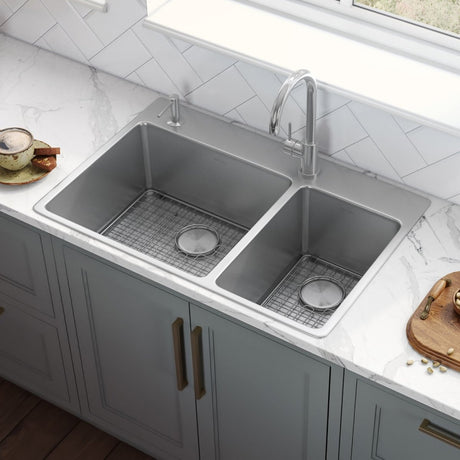 33 x 22 inch Drop - in Topmount Kitchen Sink 16 Gauge Stainless Steel Double Bowl - BUILDMYPLACE