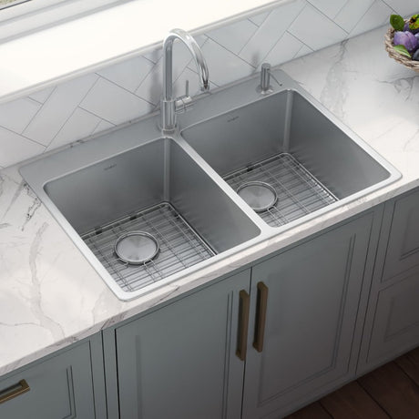 33 x 22 inch Drop - in Topmount Kitchen Sink 16 Gauge Stainless Steel Double Bowl - BUILDMYPLACE