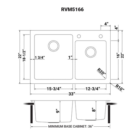 33 x 22 inch Drop - in Topmount Kitchen Sink 16 Gauge Stainless Steel Double Bowl - BUILDMYPLACE