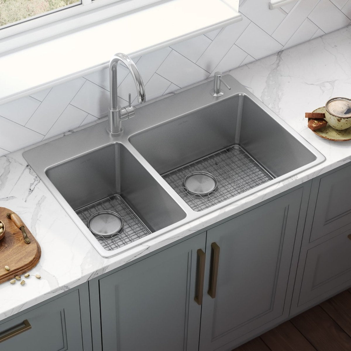 33 x 22 inch Drop - in Topmount Kitchen Sink 16 Gauge Stainless Steel Double Bowl - BUILDMYPLACE