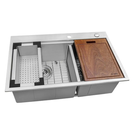 33 x 22 inch Workstation Drop - in 60/40 Double Bowl Topmount Tight Radius 16 Gauge Stain - BUILDMYPLACE